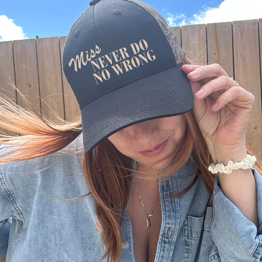 MISS NEVER DO NO WRONG CAMO TRUCKER HAT